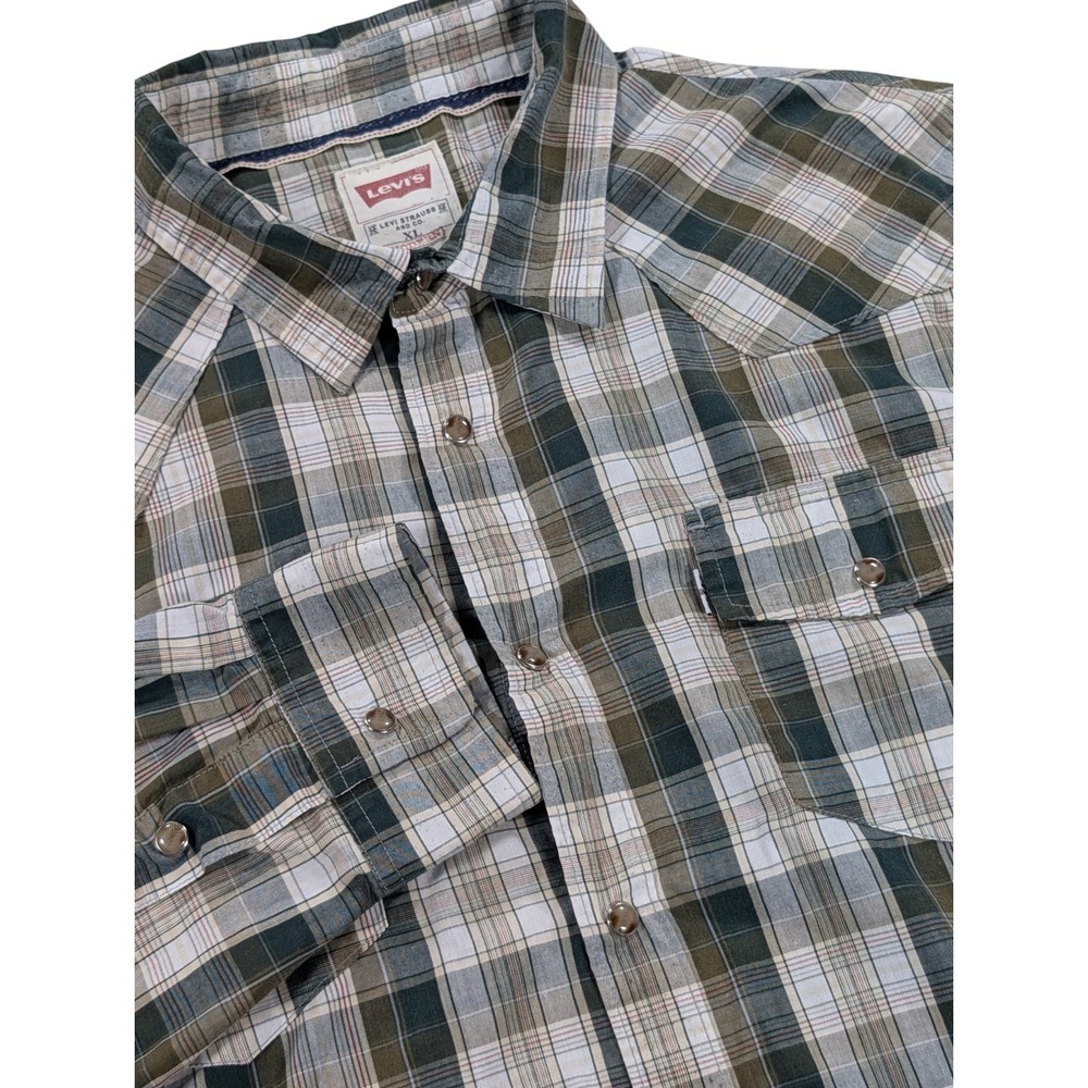 Levi's Western Shirt Mens Extra Large Green White Plaid Pearl Snap Yoke Cowboy